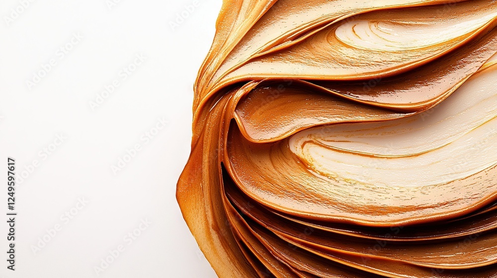 Poster   A close-up of multiple layers of chocolate frosting piled high on a white surface