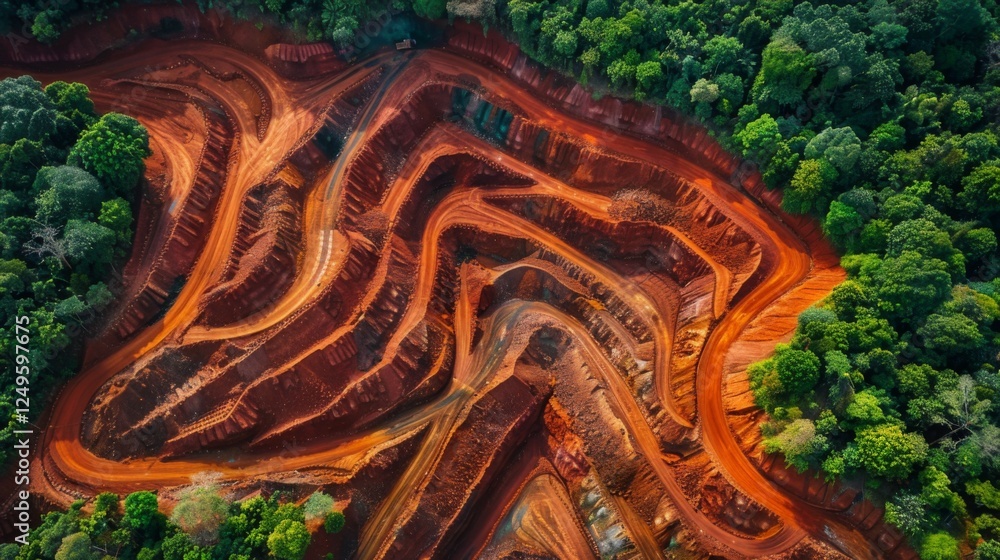 Poster aerial view captures the striking contrast between the vibrant red soil and dense greenery in a fore