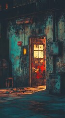 Grunge interior showing an open door with bright light behind