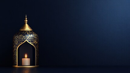 Obraz premium Ornate Arabic lantern with a candle glowing at night A festive greeting card for the Muslim holy month of Ramadan Kareem