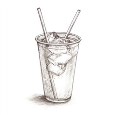 Hand-drawn sketch of iced beverage in disposable cup