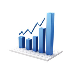 A blue bar graph with a line chart overlay illustrating data trends on a white base, isolated on transparent background, png