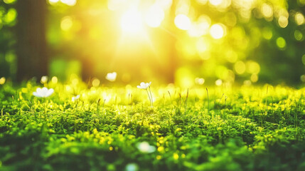 Fototapeta premium Velvety moss under warm golden light in a peaceful forest setting