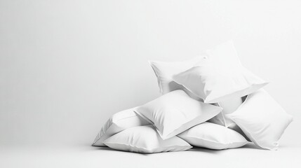   A stack of pillows placed atop a white surface beside a white wall