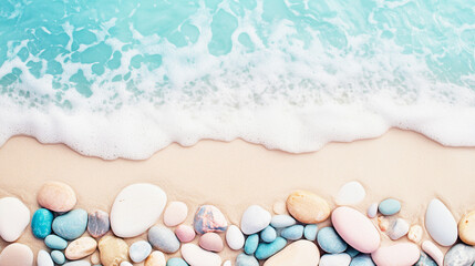 Fototapeta premium Bright pebbles on a serene beach with gentle waves at sunset