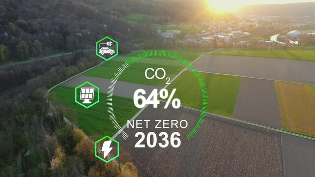 Net zero, carbon neutral concept. Net zero greenhouse gas emissions target. Green forest landscape. Long term strategy with net zero icon and poligonal icons on green forest background. 4k footage