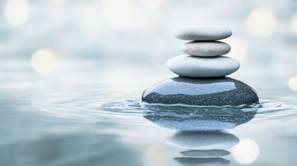 Fototapeta premium Coastal stones create a tranquil balance in still water under soft natural light