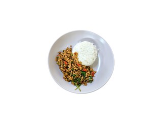 Pad Kra Pao Moo isolated on white background. Thai style holy Basil pork stir fry. Thai food menu