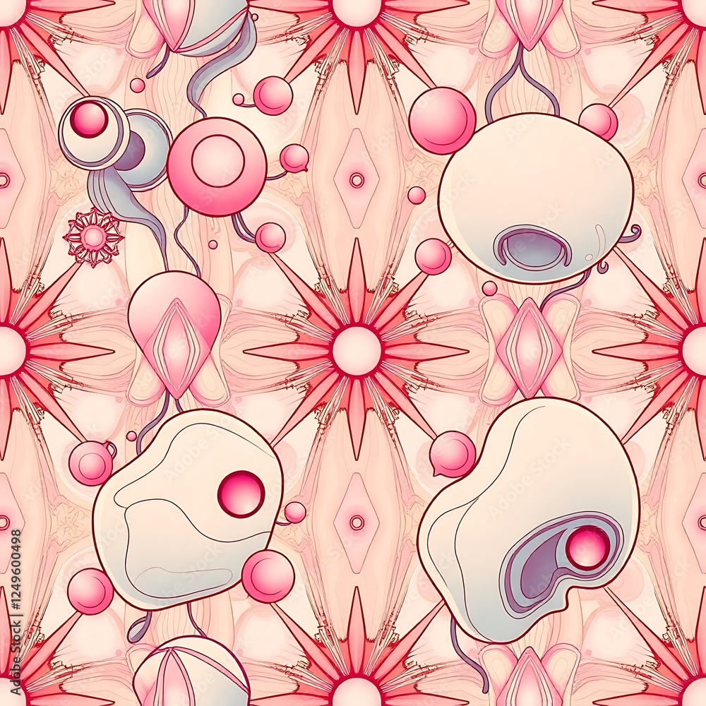 Poster pink and white abstract pattern: an intricate and captivating pattern of whimsical abstract shapes, 