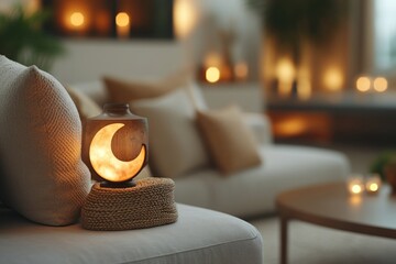 Ramadan living room interior with glowing crescent moon lamp, soft illumination, plush cushions, embodying serene festive ambiance and cultural warmth