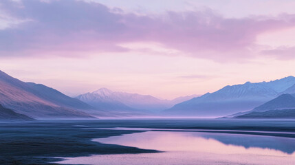 Fototapeta premium Dawn breaks over serene mountains with soft pastel colors reflecting in calm waters