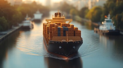 Large container ship transporting stacked cargo containers navigating narrow urban canal, surrounded by other vessels under warm sunset glow