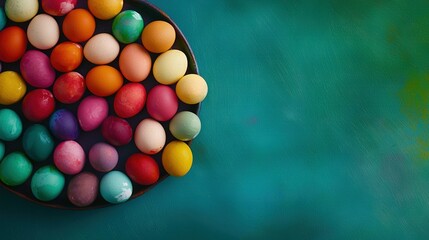   A bowl full of vibrant candies sits atop a blue table, adjacent to a green wall