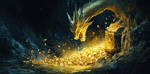 Golden dragon hoards treasure in a dark treasure filled cave