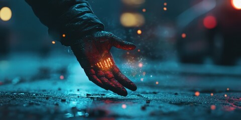 Cybernetic hand glows red over wet surface at night