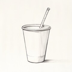 Hand-drawn illustration of a disposable cup with a straw, on white background. Possible use stock image for drink related content