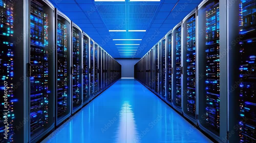 Aufkleber a row of server racks in a data center, illuminated with blue lighting.
