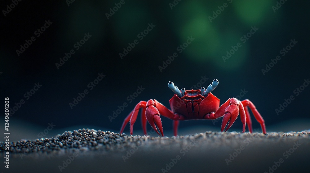 Poster a clear close-up of a vibrant red crab resting on fine sand, surrounded by a sharp focus foreground 