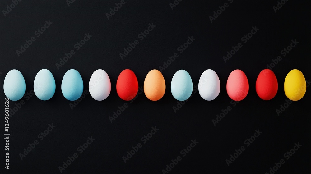 Poster colored eggs arranged in a line on a dark background