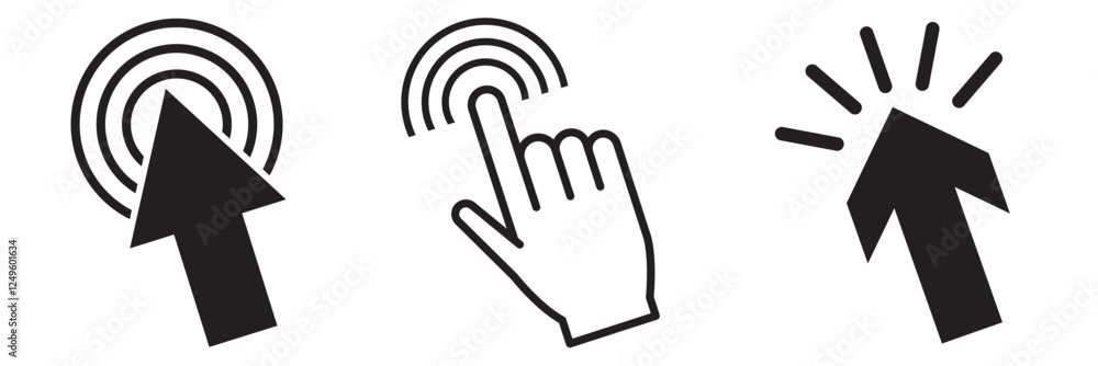 Poster cursor icons set in hand, arrow forms, mouse click cursor set, arrow and hand pointer