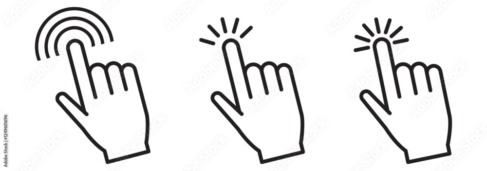 Poster set of mouse click cursor arrow icons, hand cursor and loading icons. vector illustration
