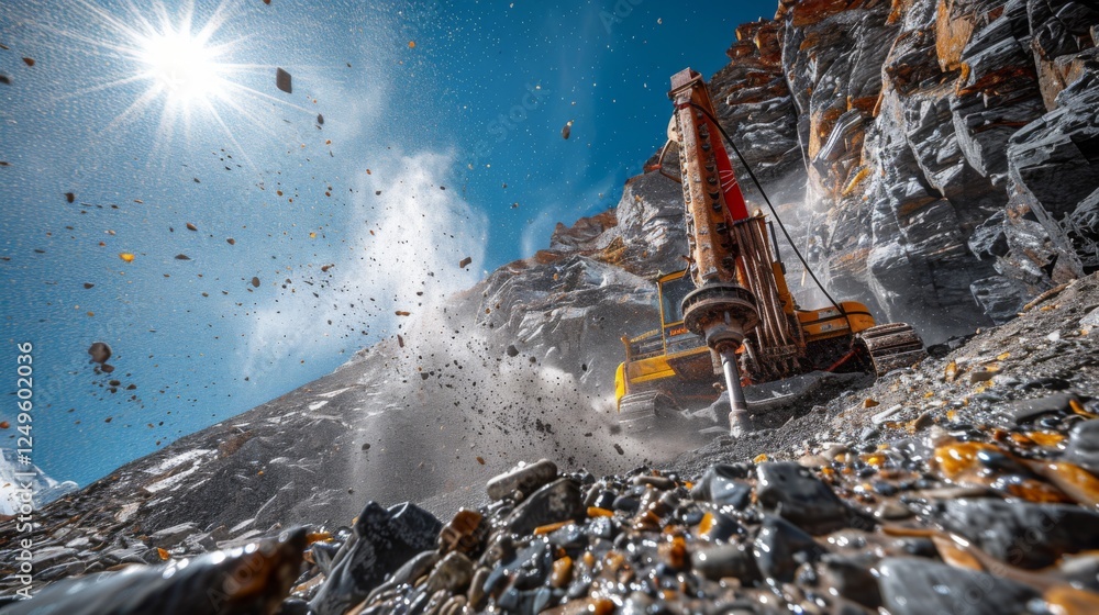 Poster a large drilling machine is actively working in a quarry, breaking rocks and sending dust and debris
