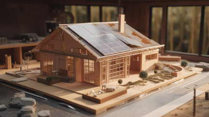 Fototapeta premium A sustainable home construction site with eco-friendly materials, blueprints, and a solar panel displayed on a wooden table