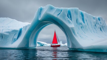 Sailing Through Ice: Red Sailboat Amidst Icebergs