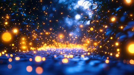 Naklejka premium Magical Forest Path Glowing fireflies illuminate a nighttime trail