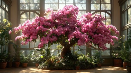 Blooming azalea tree in sunlit conservatory
