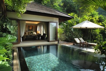 Luxurious private villa with plunge pool, surrounded by lush tropical foliage.
