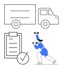 Truck, clipboard with a checklist and checkmark, woman lifting dumbbells in action. Ideal for fitness, logistics, task management, productivity, health balance, goal setting abstract line flat