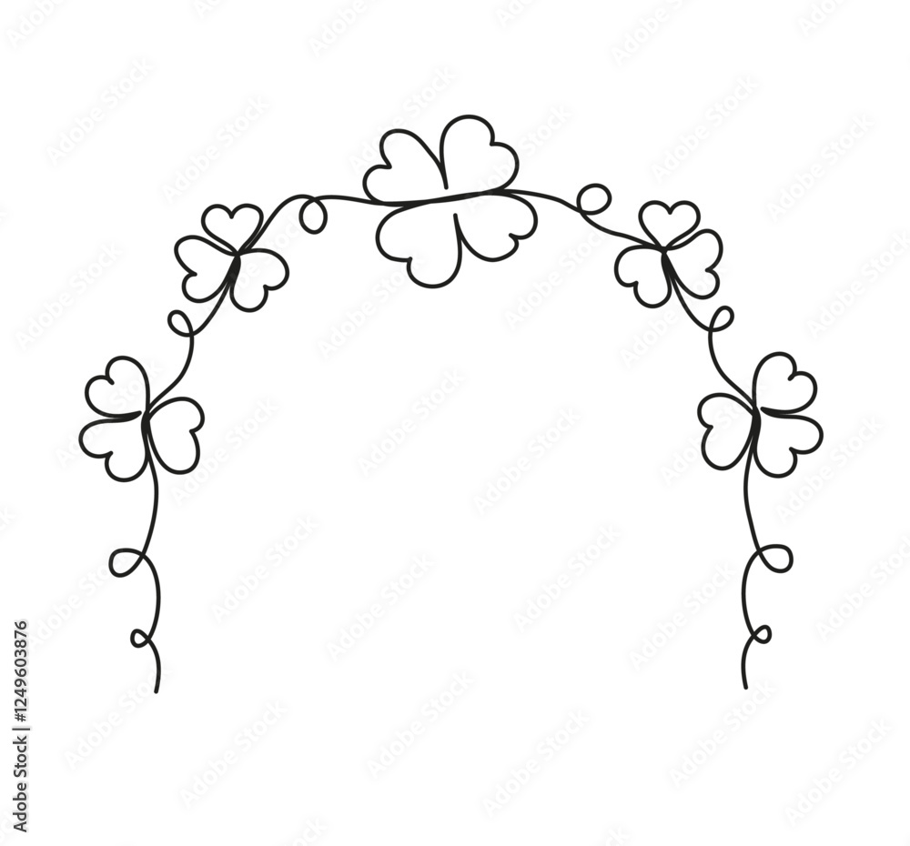 Poster one continuous line drawing of shamrock border. hand drawn saint patrick day good luck floral symbol