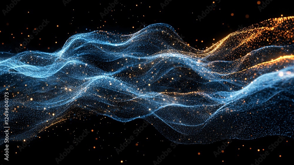 Aufkleber a dynamic wave of glowing particles in blue and gold gracefully moves across a black background, cre