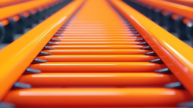 A close-up view of vibrant orange conveyor rollers arranged in parallel, showcasing a smooth and industrial design.