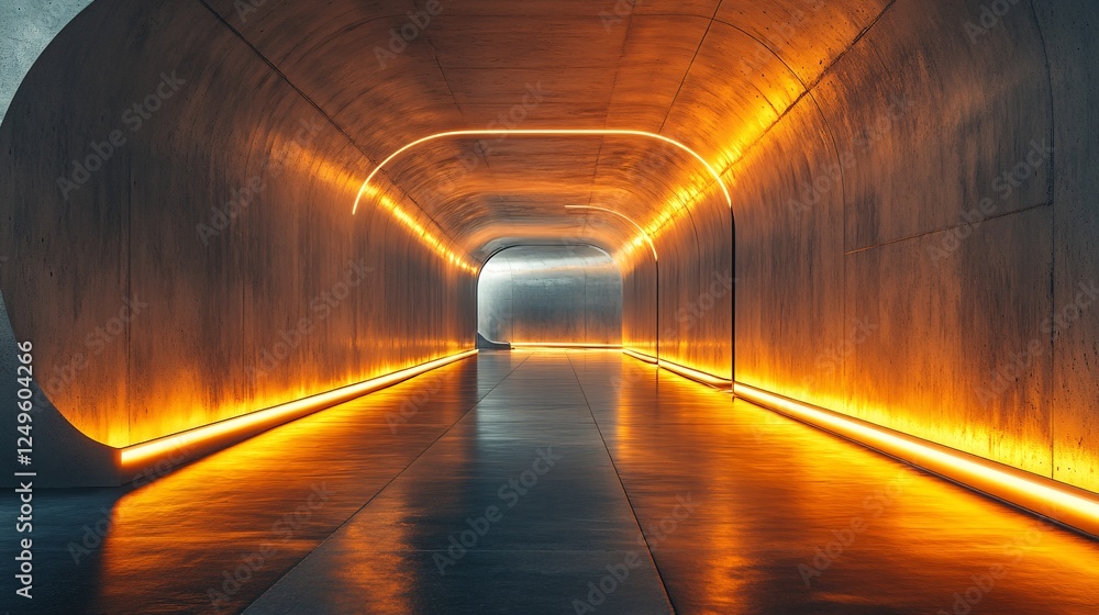 Poster a futuristic, illuminated tunnel with smooth concrete walls and glowing orange lights, creating a sl
