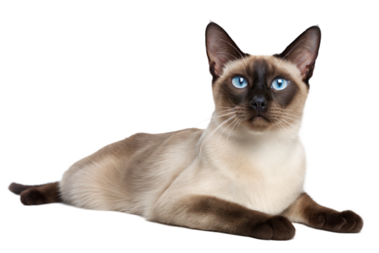 Adult siamese cat, isolated on white background. Thai cat lying in front of white background. Studio shot