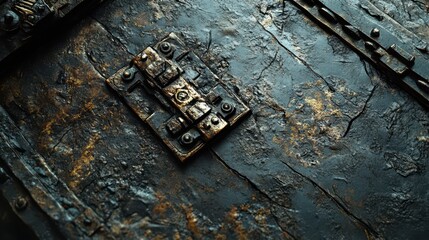 Old wooden chest lid with metal lock and hardware