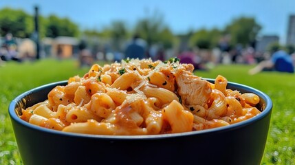 Buffalo Garlic Parmesan Chicken Pasta in urban kitchen setting