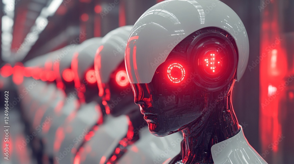 Aufkleber futuristic robot figures with glowing red eyes, lined up in a high-tech environment, showcasing cutt