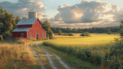 A vibrant sunflower field stretches across the landscape, leading to a charming red barn under a cloudy sky during golden hour. The serene rural setting exudes tranquility