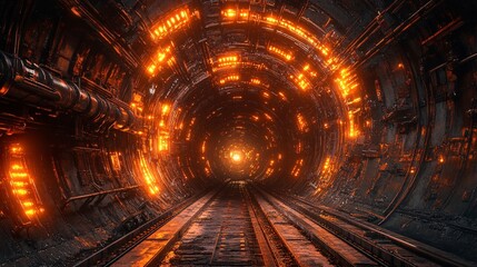 A dark, futuristic tunnel illuminated by glowing orange lights, leading into an unknown destination, with rail tracks visible.