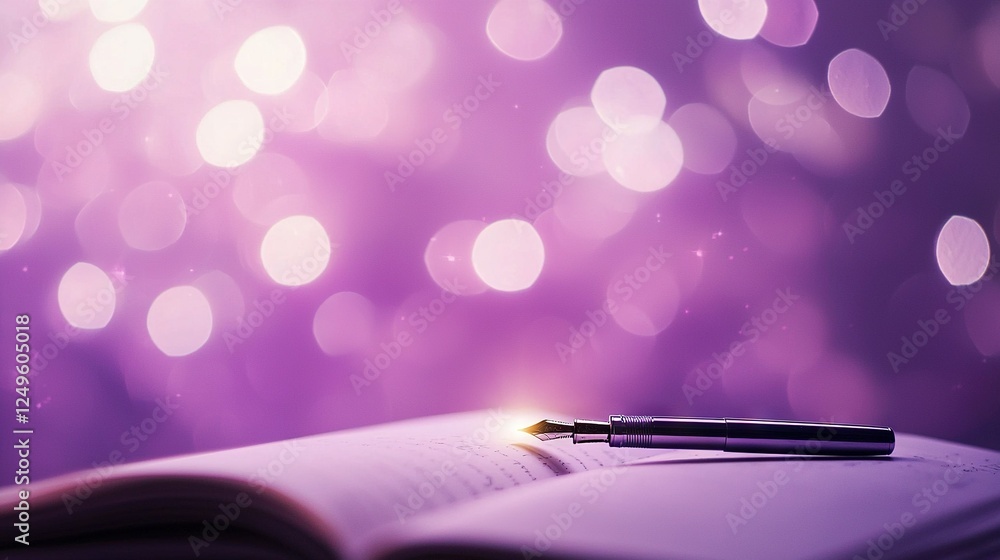Poster a close-up of a book with a pen perched on top, set against a soft, hazy backdrop of bokeh lights