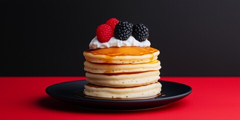 Delicious stack of pancakes with syrup, whipped cream, raspberries and blackberries on a black plate, with a black and red background