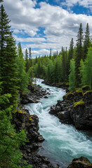 River's Roar: A Breathtaking Forest Stream Landscape with Turquoise Waters & Towering Pines - Nature Photography