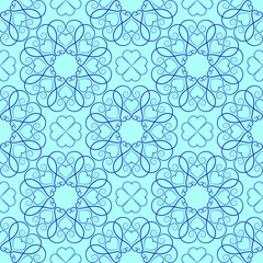 Blue ethnic seamless ornament. Fantasy ornate design shades of blue. Graceful fine lace of swirl. Delicate romantic pattern of round elements. Ornamental decor with hearts.