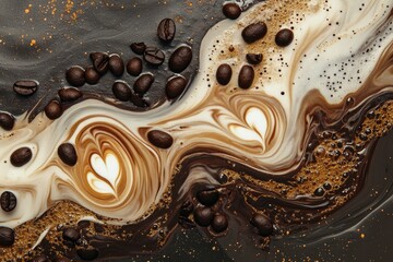 Artistic coffee-inspired composition featuring swirling coffee, latte art hearts, and scattered roasted beans, creating a rich, textured, and dynamic visual