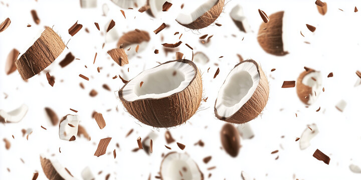 Exploding falling coconut isolated on white background