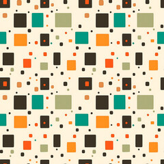 This bold and vibrant pattern features an assortment of rectangles and squares in warm orange, green, beige, and deep brown tones, interspersed with smaller dots for added texture.