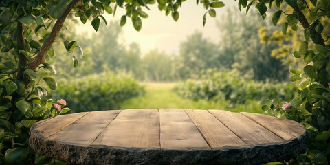 Wood Podium in farm display for products on nature background, brlured, bokeh